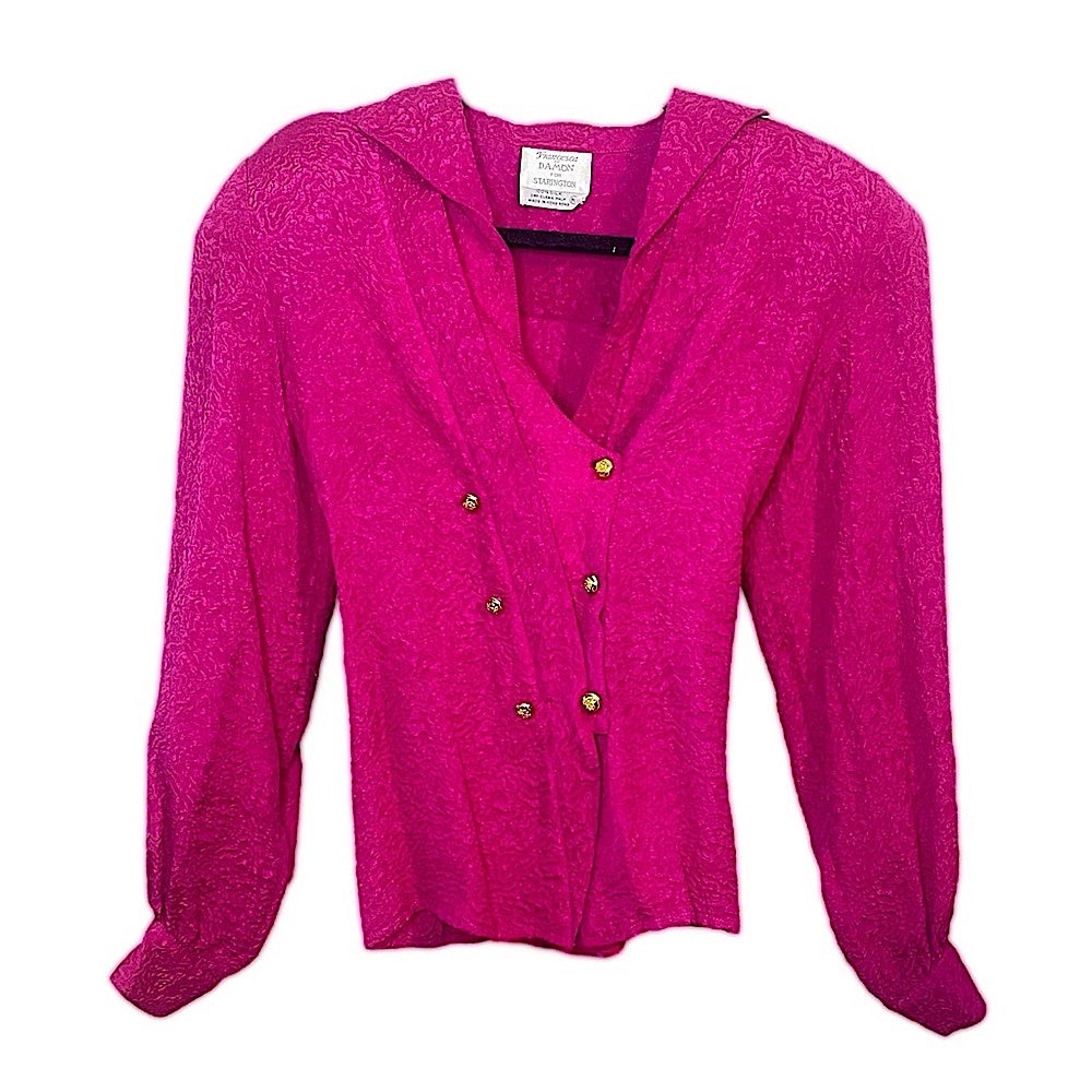 Vintage Silk Hot Pink Button-Up Statement Shoulder Barbiecore Long Sleeve Blouse - Picture 4 of 14